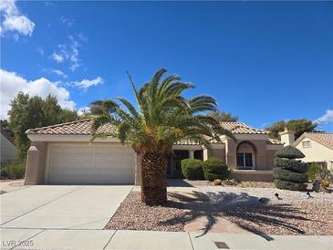Inviting single-story home features a desert landscape and two-car garage, framed by a lovely palm tree at 3117 Brightridge Dr, Las Vegas, NV 89134