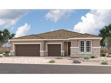 Attractive single-story home featuring a three-car garage, stone accents, and low-maintenance desert landscaping at 5527 Middleton Falls Ave, Las Vegas, NV 89139
