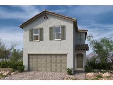 Two-story home featuring gray siding, a two-car garage and complemented by simple landscaping at 9059 Rivington Ave, Las Vegas, NV 89148