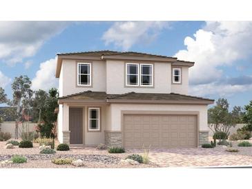 Two-story home featuring neutral stucco, a two-car garage, and desert landscaping at 9807 Angel Valley Dr, Las Vegas, NV 89178