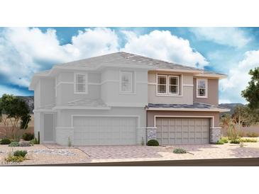 Two-story home with a two-car garage and neutral stucco exterior, complemented by a stone accent and a well-manicured front yard at 122 Antler Square Ln, Henderson, NV 89011