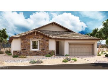 Charming single-story home featuring a stone facade, neutral stucco, complemented by a two car garage and desert landscaping at 426 Cadence Vista Dr, Henderson, NV 89011