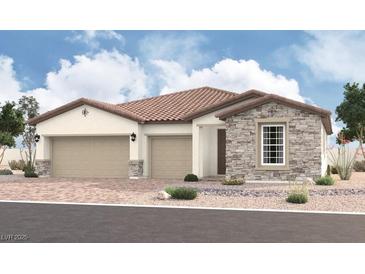 Charming single-story home featuring a stone facade, desert landscaping, and a spacious three-car garage at 4325 S Angel Falls Ct, Pahrump, NV 89061