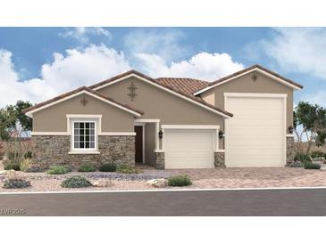 Charming single-story home featuring a stone facade, tile roof, and a convenient three-car garage at 4332 S Angel Falls Ct, Pahrump, NV 89061
