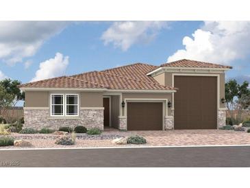 Charming single-story home featuring a tile roof, stone accents, and a two-car garage, beautifully landscaped at 4333 S Angel Falls Ct, Pahrump, NV 89061