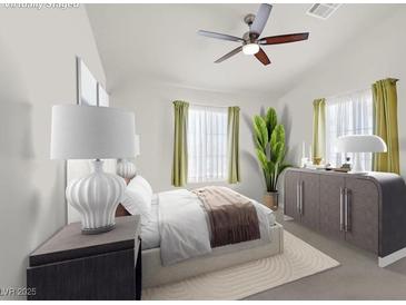 Bright bedroom featuring a ceiling fan, complemented by large windows and neutral decor for a serene space at 8426 Sluman Ct, Las Vegas, NV 89128