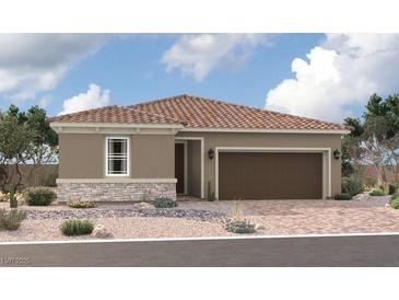 Charming single-story home featuring a stone facade, a tiled roof and a two-car garage with desert landscaping at 5715 E Victoria Falls Dr, Pahrump, NV 89061