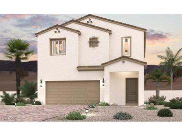 Charming two-story home features a stucco exterior, two-car garage, and desert landscaping with palm trees at 9933 Ruby Dome Ave, Las Vegas, NV 89178