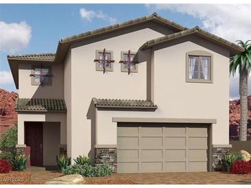 Inviting two-story home featuring desert landscaping, a neutral color palette, and an attached two-car garage at 1108 Boylston Ave, North Las Vegas, NV 89030