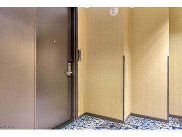 Hallway with decorative carpeting leading to a door with a keypad entry system at 4381 W Flamingo Rd # 38303, Las Vegas, NV 89103