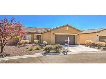 Charming single-story home with desert landscaping, a two-car garage, and a lovely tree in the front yard at 4399 Luciano Ave, Pahrump, NV 89061