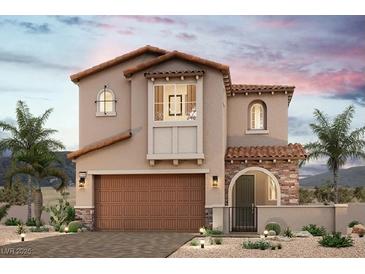Charming two-story home with a terracotta roof, stone accents, arched doorway, and desert landscaping at 10559 Valletta Ave, Las Vegas, NV 89166