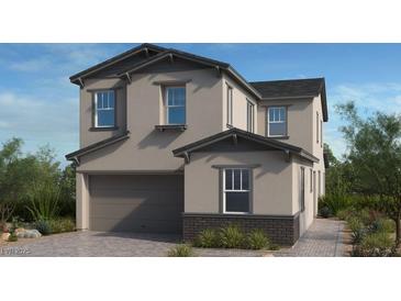 Two-story home showcasing a neutral palette, complemented by dark gray roofing and an attached two-car garage at 91 Tardando Ave, Henderson, NV 89015