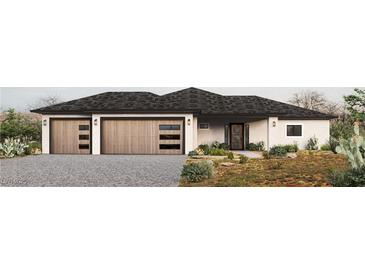 Charming single-story home with a desert landscape and three-car garage at 2881 Red Rock Dr, Pahrump, NV 89048