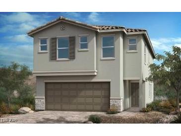 Charming two-story home with a neutral color palette, large garage door, and desert landscaping at 4153 Texas Lilac Ave, Las Vegas, NV 89139