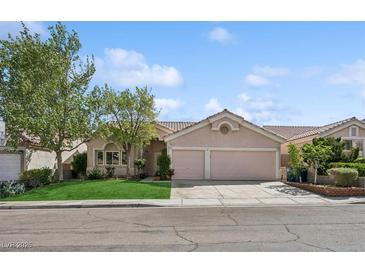 Charming single-story home featuring a two-car garage and well-maintained front yard at 9211 Golden Feather Ct, Las Vegas, NV 89147
