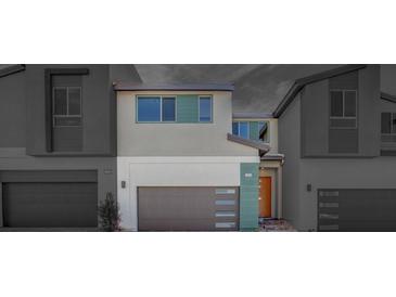 Modern home featuring a gray-brown garage door, neutral stucco, mint accents and an orange front door at 3359 Via Tizzoni St, Henderson, NV 89044
