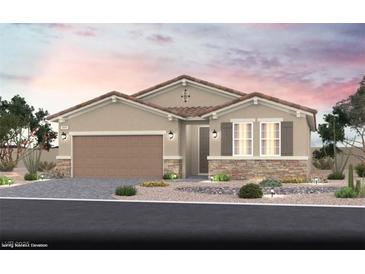 Charming single-story home featuring desert landscaping, a two-car garage, and a welcoming entrance at 3044 Dagny St # Lot 7, Las Vegas, NV 89121