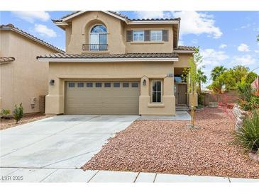 Charming two-story home showcasing a well-maintained lawn and a neutral color palette at 10393 Trailing Dalea Ave, Las Vegas, NV 89135