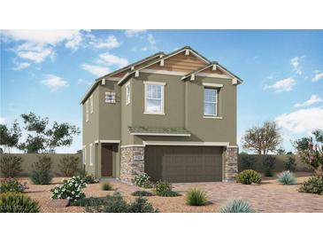 Charming two-story home featuring a stone-accented facade and a well-manicured front yard at 375 Silva Place Pl, Henderson, NV 89011