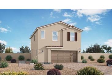 Charming two-story home with desert landscaping and a two-car garage against a blue sky at 3946 Garden Square Ave, Las Vegas, NV 89115