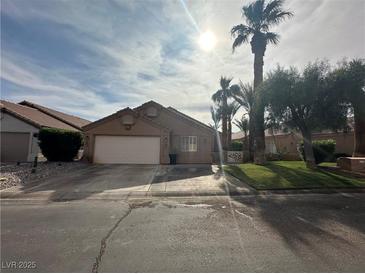 Charming single-story home with a two-car garage, desert landscaping, and mature palm trees in a sunny setting at 1210 Country Club, Laughlin, NV 89029