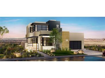 Modern two-story home boasts contemporary design with sleek lines and a well-manicured desert landscape at 557 Overlook Rim Dr, Henderson, NV 89012