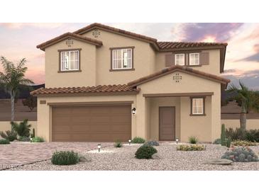 Charming two-story home features a brown two car garage, neutral color palette, and desert landscaping at 5152 Eagle Way, North Las Vegas, NV 89031