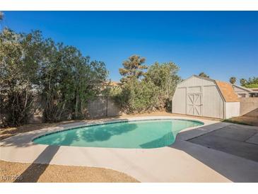 Backyard pool with a storage shed surrounded by lush green landscaping creating a relaxing outdoor space at 10 Yew Ave, Las Vegas, NV 89110