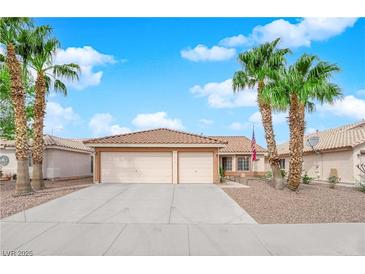 Charming single-story home featuring a three-car garage, desert landscaping, and mature palm trees at 206 Red Cloud Ter, Henderson, NV 89015