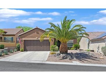 Charming single-story home featuring a well-maintained lawn and a mature palm tree in a desert landscaped front yard at 2091 Waterton Rivers Dr, Henderson, NV 89044