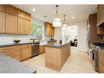 Spacious kitchen featuring custom wood cabinetry, a large island, and stainless steel appliances at 10726 Hawes End Ct, Las Vegas, NV 89183