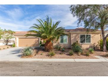 Inviting single-story home with desert landscaping, covered entry and attached two-car garage at 2489 Black River Falls Dr, Henderson, NV 89044