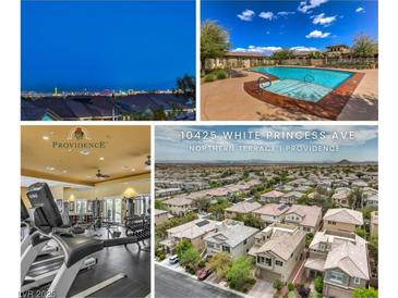 Community collage featuring the Las Vegas skyline, community pool, and fitness center at 10425 White Princess Ave, Las Vegas, NV 89166