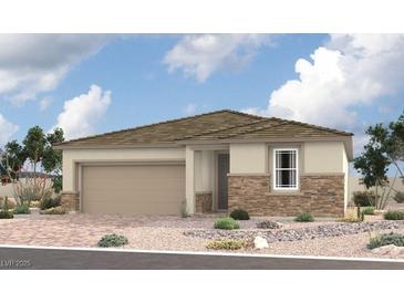 Charming single-story home with stone accents, a two-car garage, and desert landscaping for low maintenance at 10256 Tumbaga St, Las Vegas, NV 89183
