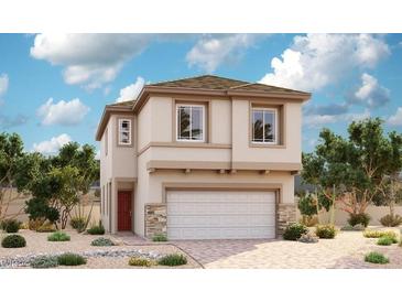 Two-story home features a two-car garage, stone accents, neutral stucco exterior, and low-maintenance desert landscaping at 6519 Dove Point Pl, Las Vegas, NV 89130