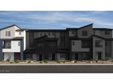 Contemporary townhome featuring a modern architectural design with multi-tone color palette and clean lines at 9233 Hudson Yards Ct, Las Vegas, NV 89148