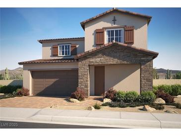 Charming two-story home features a stone facade, desert landscaping, and an attached two-car garage at 330 Della Pergola Pl, Henderson, NV 89015