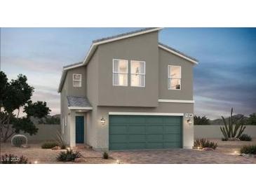 Two-story home features gray stucco, desert landscaping, an attached two-car garage and a covered entryway at 8118 Beebrush Ct, Las Vegas, NV 89113