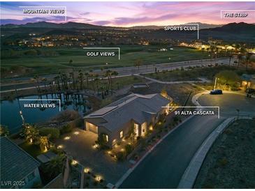Stunning aerial view of home featuring water, golf, and mountain views, plus close proximity to the strip at 91 Alta Cascata Pl, Henderson, NV 89011