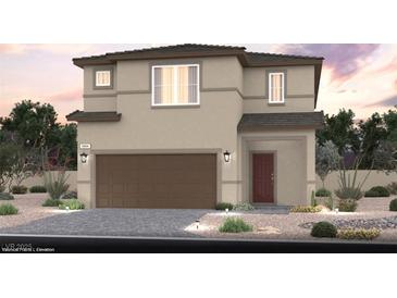 Two-story home with a gray stucco exterior, brown trim, a two-car garage and desert landscaping at 9674 Biedler Ct # Lot 10, Las Vegas, NV 89178