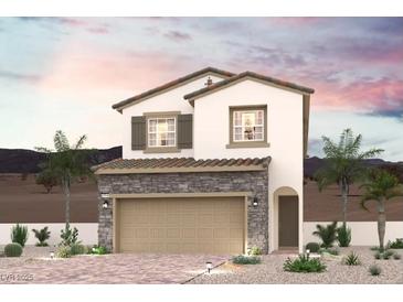 Charming two-story home featuring a stone facade, two-car garage, and well-manicured desert landscaping at 248 Kobuk Ave, Henderson, NV 89011