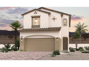 Two-story home featuring a tile roof, desert landscaping, and an attached two-car garage at 259 Kobuk Ave, Henderson, NV 89011