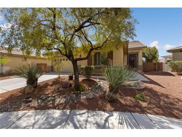 Inviting front yard featuring desert landscaping, mature shade tree, and a well-maintained lawn, complemented by a cozy single-story home at 4217 Box Canyon Falls Ave, North Las Vegas, NV 89085