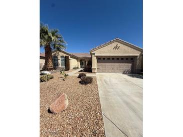 Inviting single-story home with a two-car garage, desert landscaping, and a mature palm tree at 2562 Downeyville Ave, Henderson, NV 89052