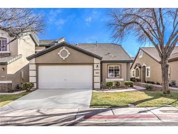 Charming single-story home with a well-manicured lawn, a two-car garage, and beautiful landscaping at 10205 Birch Bluff Ln, Las Vegas, NV 89145