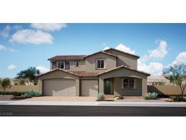 Charming two-story home featuring a terracotta roof, spacious three-car garage, and beautifully landscaped front yard at 9401 Siren Call Ave, Las Vegas, NV 89143