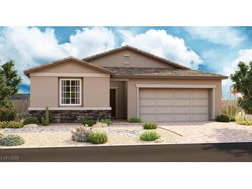 Charming single-story home showcasing a two-car garage, desert landscaping, and stone facade accents at 10280 Tumbaga St, Las Vegas, NV 89183