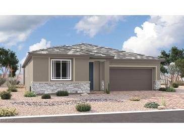 Charming single-story home with stone accents, neutral stucco, desert landscaping, and a two-car garage at 10288 Tumbaga St, Las Vegas, NV 89183