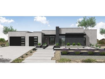 Contemporary home featuring a sleek design, modern landscaping, and a welcoming entrance with a stone pathway at 1035 Wavehugger Dr, Henderson, NV 89002